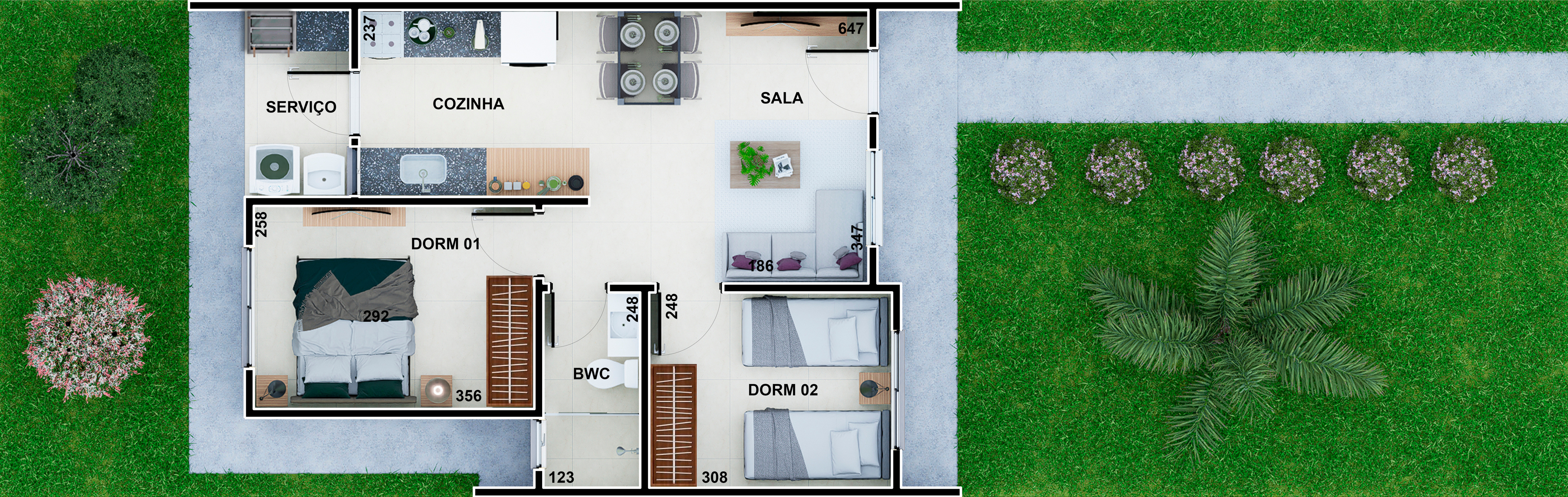 Planta humanizada Tipo 01B: dois quartos, sala, cozinha, banheiro e área de serviço